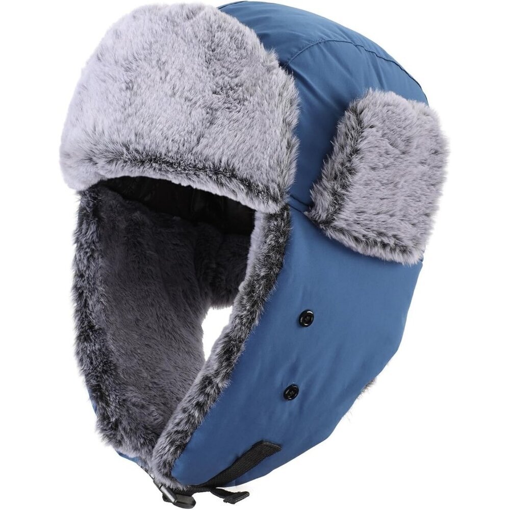 Men Blue Trapper Hat with Face Mask Faux Fur Winter Trooper Hunting Hat - Picture 2 of 9